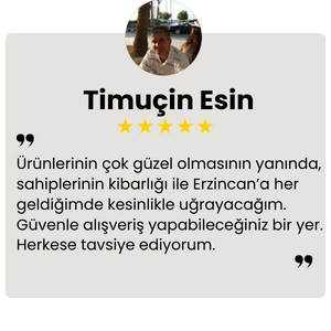 Ürünlerinin çok güzel olmasının yanında, sahiplerinin kibarlığı ile Erzincan’a her geldiğimde kesinlikle uğrayacağım. Güvenle alışveriş yapabileceğiniz bir yer. Herkese tavsiye ediyorum.
