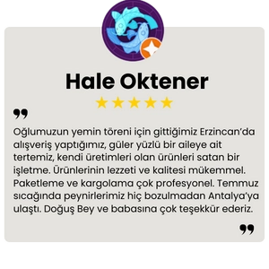 Oğlumuzun yemin töreni için gittiğimiz Erzincan’da alışveriş yaptığımız, güler yüzlü bir aileye ait tertemiz, kendi üretimleri olan ürünleri satan bir işletme. Ürünlerinin lezzeti ve kalitesi mükemmel. Paketleme ve kargolama çok profesyonel. Temmuz sıcağı